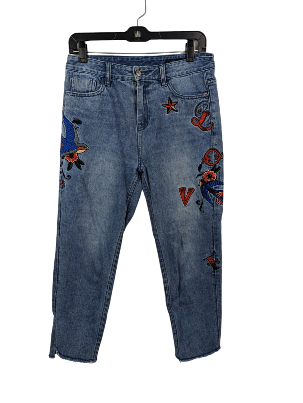 Mo&Co Premium Womens Cropped Distressed Embroidered Jeans Floral Bird Size 27